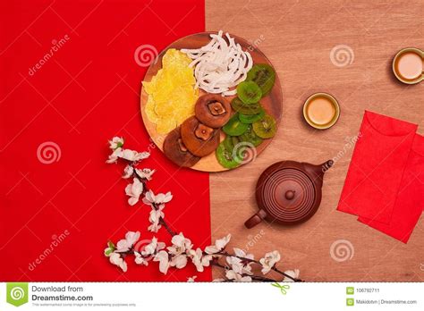 Conceptual Flat Lay Chinese New Year Food And Drink Still Life. Stock ...