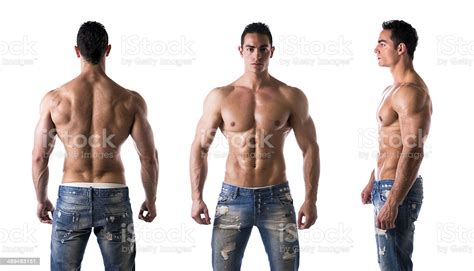 Vector illustration of human body outline. Triple View Of Shirtless Bodybuilder Back Front Side Stock ...