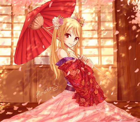 It's always amazing to see the detail that goes into anime character design, from their outfits, to their eyes, to their hairstyles and colors. anime, Series, Characters, Fairy, Tail, Girl, Blonde, Hair, Blush, Brown, Eyes, Kimono, Long ...