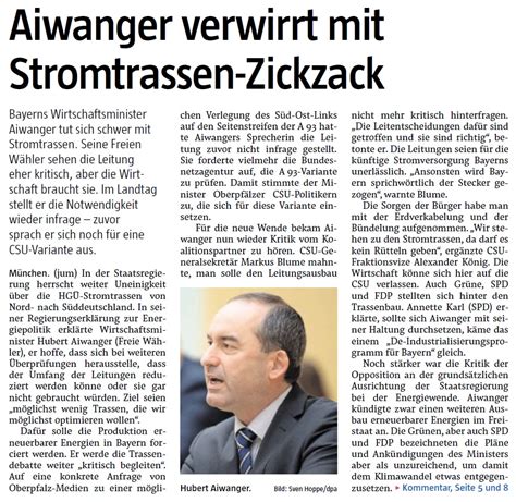 Nov 12, 2018 · hubert aiwanger bayerischer staatsminister für wirtschaft, landesentwicklung und energie. Aiwanger verwirrt mit Stromtrasse-Zickzack