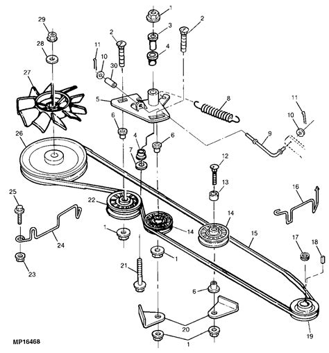 42 inch 42 mower deck parts for x300 after tractor serial number 150001 without belt tensioner handle. John Deere GT275 drive belt diagram for installation.