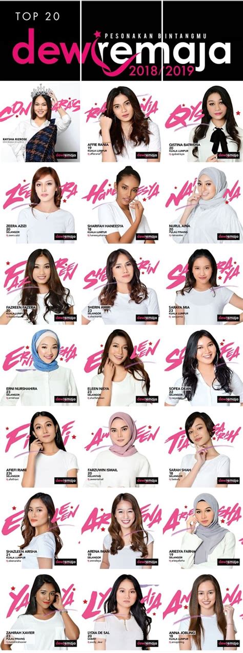 Kesemua top 12 finalis dewi remaja 2018/19 pun ada semasa malam finale, 13 januari lalu. 20 Finalis Pencarian Dewi Remaja 2018/2019 - Personakan ...