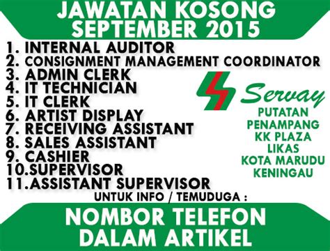 * pilihan pelbagai sumber maklumat jawatan kosong dari blog / web jawatan kosong yang sentiasa dikemaskini. Kerja Kosong Pelbagai Jawatan - SERVAY Seluruh Sabah ...