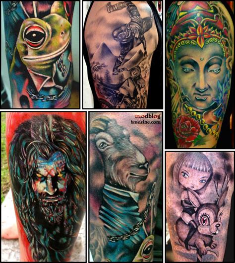 Face image in vertical fashion with eyes, ears and nose painted on arm. Eze Nunez Tattoo Collage | BME: Tattoo, Piercing and Body ...