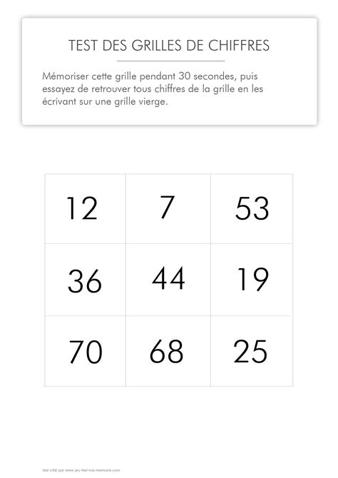 Test De Mémoire À Imprimer - Nombres (Série 1) serapportantà Jeux De ...
