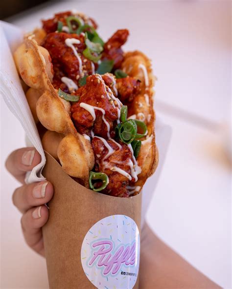Snowing vege korean fried chicken. Cheese filled waffle, LOADED with Korean Fried Chicken ...