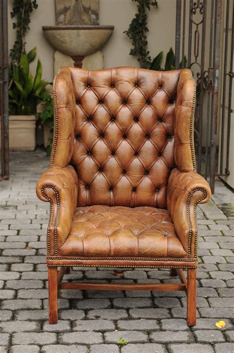 Belleze wingback chair leather nail head trim high back mid century style padded vintage accent armrest, rust brown. English 1900s Button-Tufted Leather Wingback Chair with ...