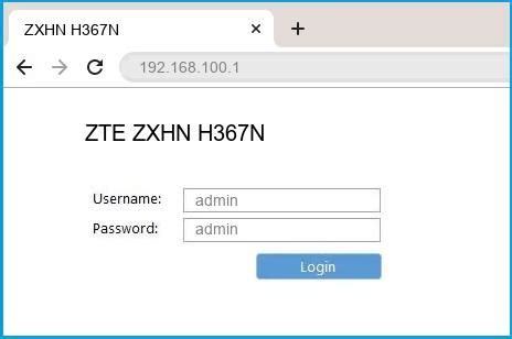 The default password is admin. 192.168.100.1 - ZTE ZXHN H367N Router login and password