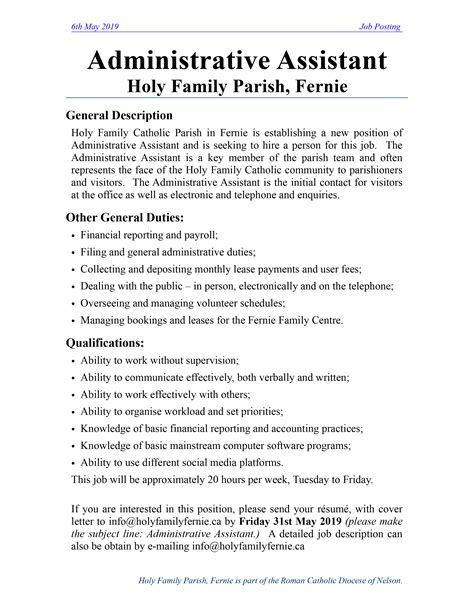 Project administrative assistant job description. Holy Family Parish Fernie British Columbia - Catholic ...