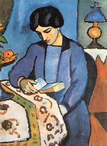 The charming content features four young girls huddled together in front of a background of trees and plants. Blue Girl Reading - August Macke. This is one of my ...
