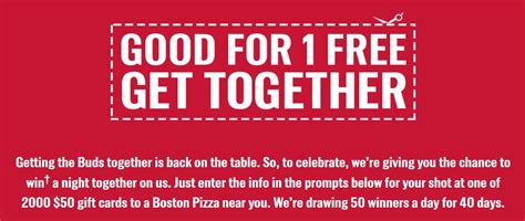 Boston pizza restaurants offer a casual dining setting with over 100 menu items including gourmet pizzas made with our signature hand pressed dough. Budweiser Canada Contest: Enter To Win One Of 2000 $50 ...