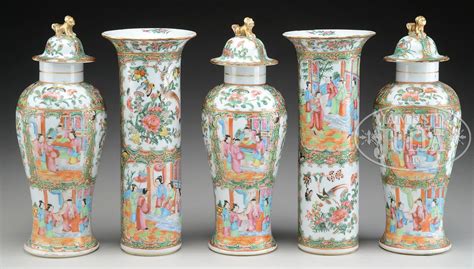 Antique qing chinese famille rose medallion vase 12 inch. FIVE PIECE ROSE MEDALLION GARNITURE SET. 19th century ...