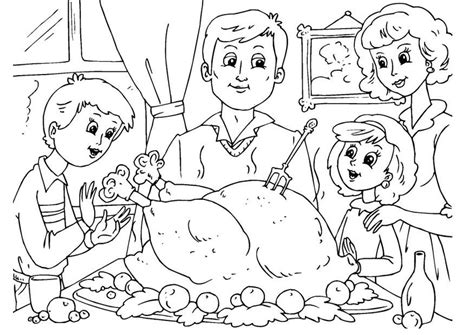 Imagen en blanco y negro de una familia tradicional con un padre, una madre, un hijo y una hija. Dibujo para colorear comida de acción de gracias con la ...