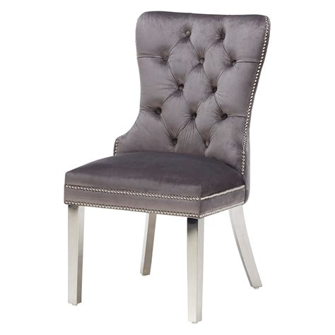 Door knocker dining chairs are becoming increasingly highly sought after by our customers, so why not jump on board with a winning trend? Remington Grey Velvet Dining Chair With Knocker
