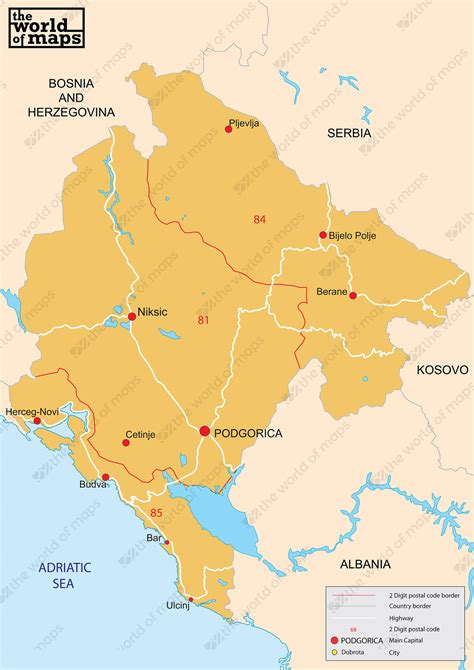 Montenegro is a country in the balkans, on the adriatic sea. Digital postcode map Montenegro 2-digit 91 | The World of ...