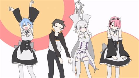Red, white, and orange abstract digital wallpaper, anime, anime girls. Media The Re:Zero gang doing the Konosuba s2 op dance ...
