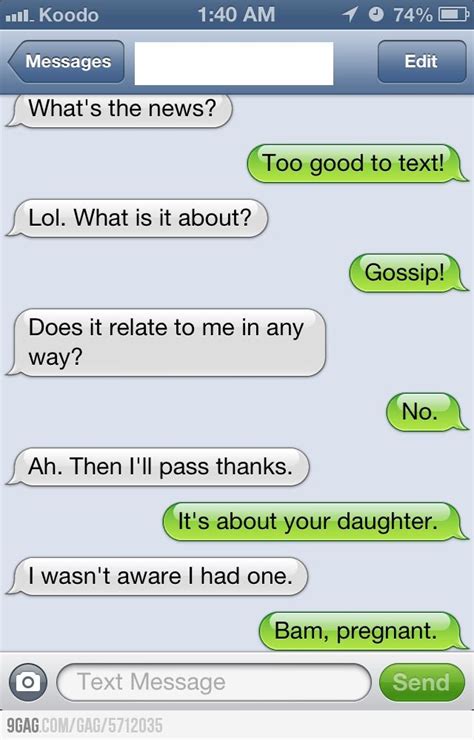 Joking through text messages can be a great way to flirt, as well as take the performance pressure off the both of you when it comes to telling jokes! Finding out you're a dad | Funny jokes to tell, Funny ...