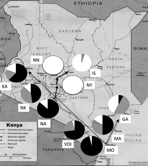 Implemented the ability to search on a map, change the scale. Map of Kenya with the location of the 10 sampled cities ...