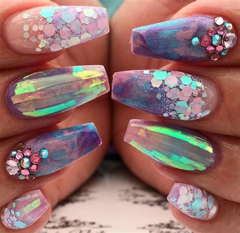 Turquoise encapsulated long nails with glitter. Pin by Sonja Schlebusch on Nails - Mixed sets | Chic nails, Encapsulated nails, Nail art