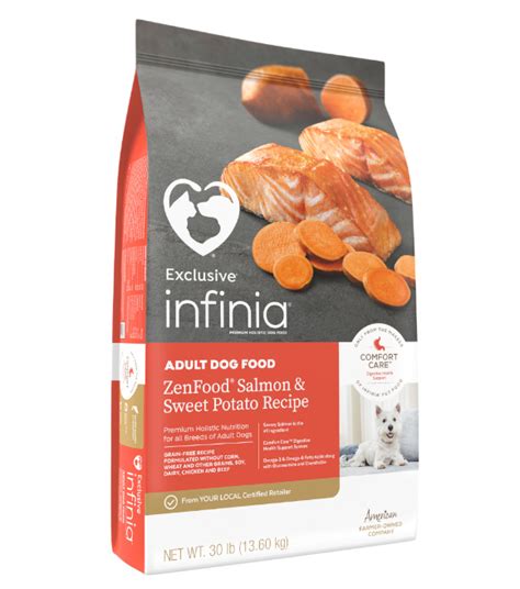 Loyall life™ grain free salmon with sweet potato recipe features no corn, wheat, soy or rice and is appropriate for dogs sensitive to other proteins.our featured rescue dog tofte, who enjoys chasing squirrels, stays healthy with ingredients such as superfoods to support immunity, added fiber for digestive support and omega 3 and 6 fatty acids. Infinia Zenfood Grain-Free Salmon and Sweet Potato Recipe ...
