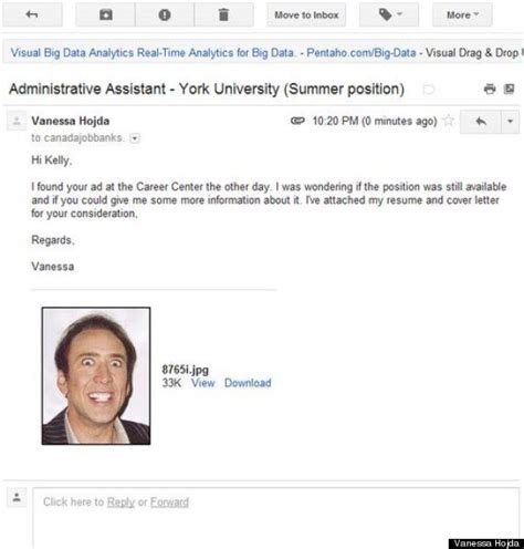 An email cover letter is essentially a job application email through which you apply for a job. Jobseeker Attaches Picture Of Nicolas Cage Instead Of CV ...