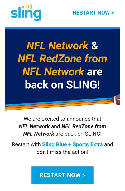 Sling orange comes complete with 30 channels for $30/month. Just got this email. NFL Redzone and NFL Network are back ...