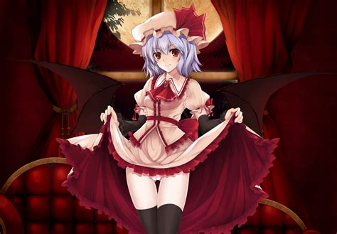 Anime girls with their panties showing. blue hair cameltoe moon panties remilia scarlet skirt ...