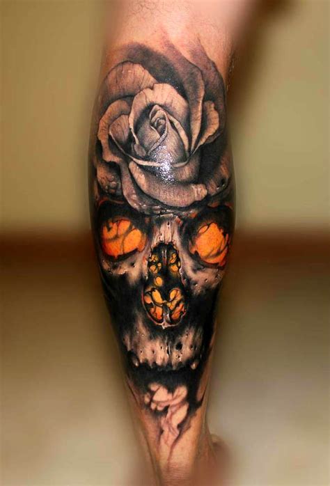 Skull with rose flower and candle mens fire chest tattoo. Pin on Tattoos