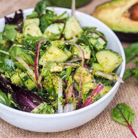Cool, creamy, and tangy with the richness of avocado paired with the crunch! Avocado Cucumber Salad with Zesty Pesto Dressing {GF, Vegan}