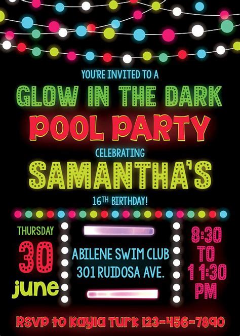 Dress in the jamaican colors black, green & gold. Glow in the Dark Invitation, Pool Party Summer Birthday ...