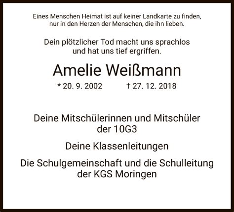 Check spelling or type a new query. Traueranzeigen von Amelie Weißmann | Trauer.HNA.de