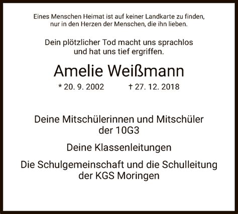 In stuttgart geborene persönlichkeiten, chronologisch aufgelistet nach dem geburtsjahr. Traueranzeigen von Amelie Weißmann | Trauer.HNA.de