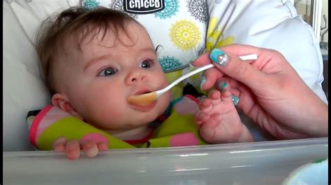 While each baby will grow and develop at their own rate, there are a few signs to look for to let you know your. BABY'S FIRST SOLID FOOD - YouTube