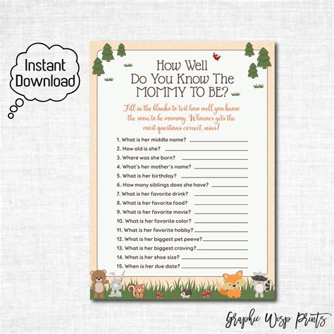 King of the jungle baby shower. Woodland Baby Shower Printable How Well Do You Know the ...