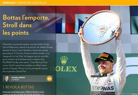 Any comments that violate these rules will be considered trolling and subject to removals or bans. Bottas l'emporte, Stroll dans les points - La Presse+