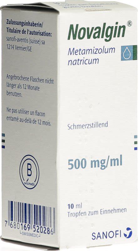 Klare, gelbe tropfen zum einnehmen (lösung) in einer braunglasflasche mit tropfeinsatz und kindersicherem schraubverschluss aus polypropylen. Novalgin Tropfen 0.5g/ml 10ml in der Adler Apotheke