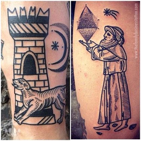 Maybe you would like to learn more about one of these? medieval woodcut style tattoo dog with tower and waxing ...