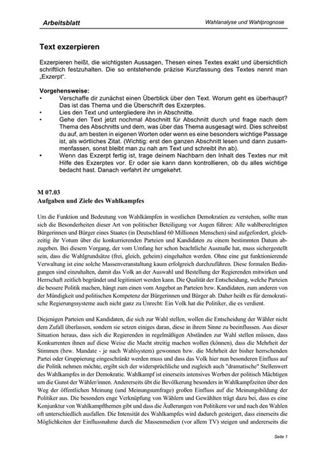 ‚herauspflücken') ist ein auszug aus einem text oder eine kurze zusammenstellung der für die beantwortung einer (oder. Arbeitsblatt: Text exzerpieren