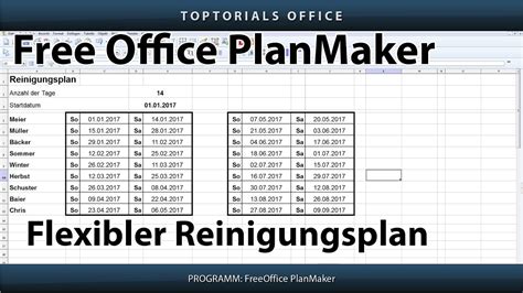 Ein reinigungsplan hilft ihnen dabei, genau festzulegen, an welchen tagen oder wochen eine bestimmte person oder partei reinigungsarbeiten zu erledigen hat. Flexibler Reinigungsplan (Free Office PlanMaker) - YouTube