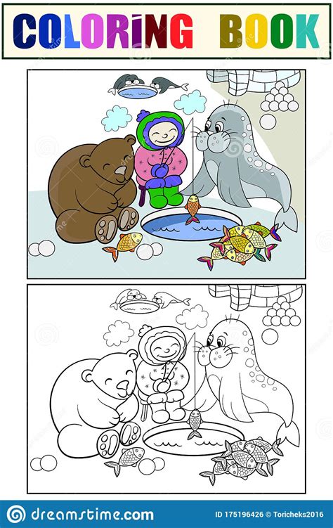 Have fun with our huge collection of animal colouring sheets for preschool, kindergarten and grade click on the animal gallery you like to print the animal coloring pages of. Eskimo Boy Fishing With Animals. Set Children Coloring ...