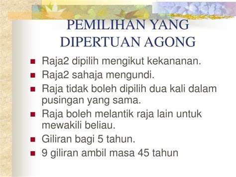 Menurut perkara 32(1) perlembagaan persekutuan, ketua negara persekutuan ialah yang dipertuan agong. PPT - RAJA BERPERLEMBAGAAN PowerPoint Presentation, free ...