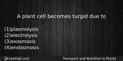 In a isotonic solution, again, of course you'll have water freely going in or we called it, the cell is turgid. A plant cell becomes turgid due to - NEETLab