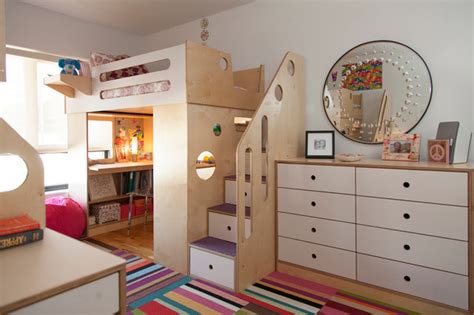 Design ideas for a medium sized modern enclosed living room in manchester with grey walls, dark hardwood flooring, a wall mounted tv and brown floors. Brooklyn Heights; Two dumbo loft beds for two sisters ...