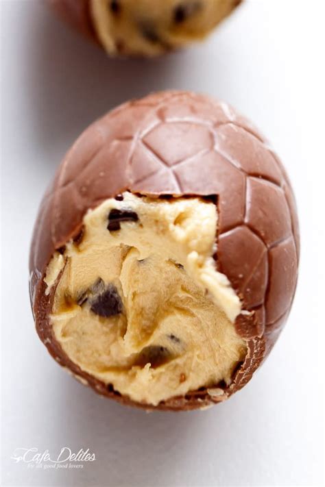Whether you're looking for a light end to your meal or something sweet, rich, and decadent, there are plenty of dessert recipes that don't call for eggs. Chocolate Chip Cookie Dough Filled Easter Eggs | https://cafedelites.com | Cookie dough filling ...