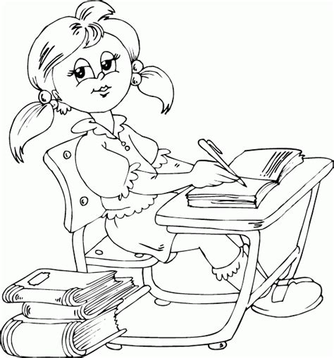 Printable coloring pages for kids and adults. schoolgirl sitting at desk coloring page - coloring.com ...