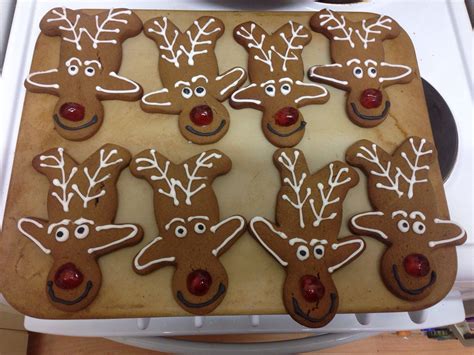Turn the gingerbread cookies upside dwon and make upside down gingerbread men that have been transformed into reindeer :) a raspberry lolly nose and some icing is all it takes. Upsidedown Gingerbread Man Made Into Reindeers - Reindeer ...