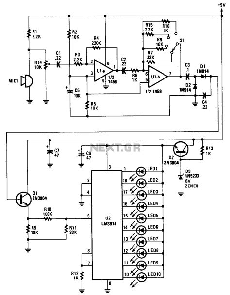The circuit diagram of the vu meter is show in below figure lm3914 chip has many features and it can be modified to a battery protection circuit and ammeter circuit. Vu Meter Using Lm3915 - PCB Designs