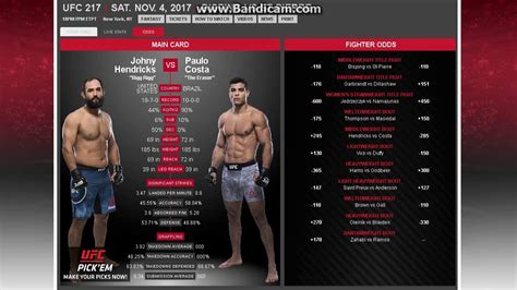 Here's how the main card shakes out with the latest odds from bovada. UFC 217: Bisping vs St-Pierre Full Card Fight Predictions/Picks/Analysis - YouTube