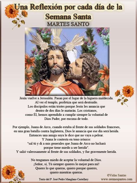 Unámonos todos juntos esta noche a las 21 h para rezar aún en la lejanía de nuestra capilla, por nosotros, por nuestra hermandad y por todos aquellos que lo necesitan. MARTES SANTO Una Reflexión por cada día de la Semana Santa | Reflexiones de semana santa, Martes ...