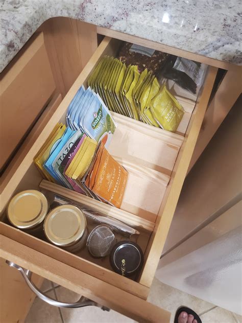 Tea box 100% bamboo tea box chest organizer with slide out drawer, 8 storage compartments clear shatterproof hinged lid by. I made an insert for our tea drawer : organization